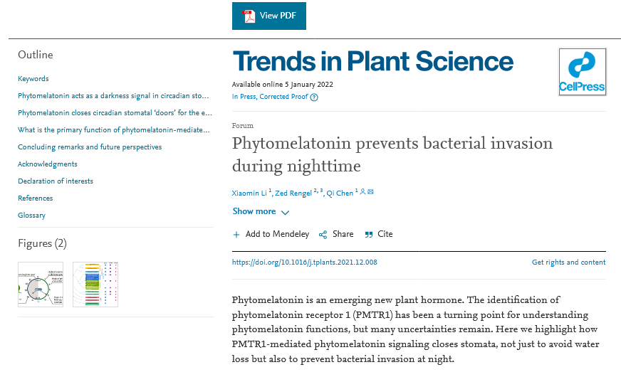 陈奇教授课题组在“Trends in Plant Science”杂志上为植物褪黑素功能研究提出新理念
